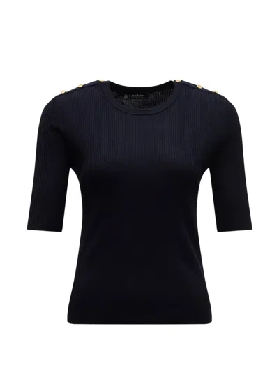 S Max Mara Button-embellished Ribbed-knit Sweater In Blue