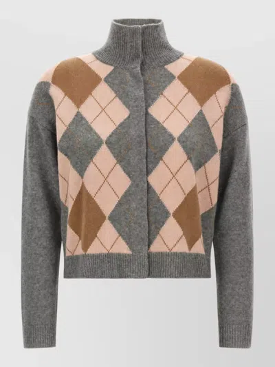 S Max Mara Cashmere Wool Argyle High Neck Cardigan In Multi