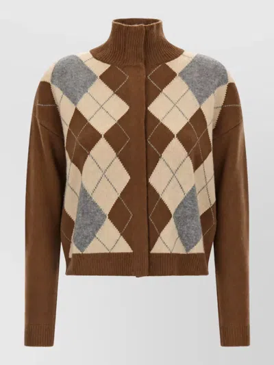 S Max Mara Cashmere Wool Argyle Jacquard Ribbed High Neck Long Sleeve Cardigan In Multi