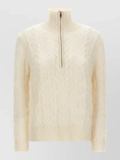 S Max Mara Cashmere Wool Cable-knit Half-zip High-neck Sweatshirt In Neutral