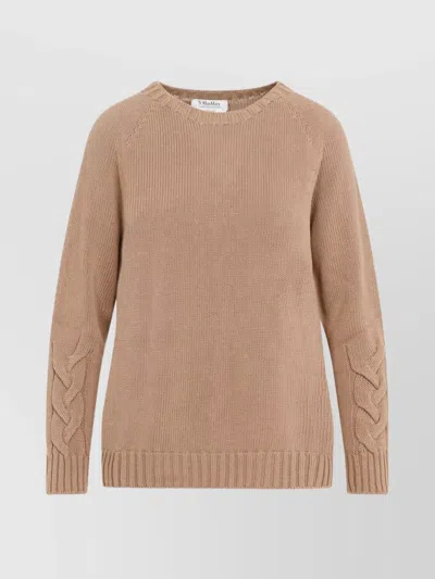S Max Mara Crew Neck Cable-knit Sweater With Ribbed Trims In Beige
