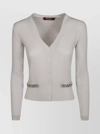 S Max Mara Embellished V-neck Cardigan Ribbed Texture In Gray