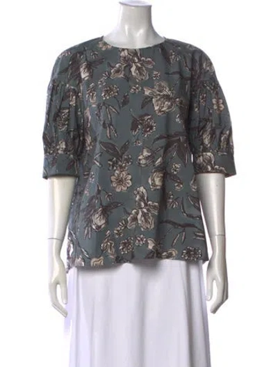 Pre-owned S Max Mara Floral Print Crew Neck Top In Blue