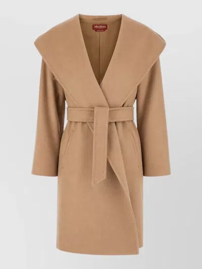 S Max Mara Hooded Long Coat Belted Waist Pockets In Nude