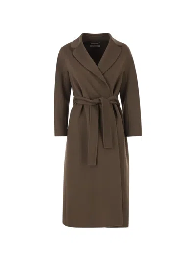 S Max Mara Long Coat Belted Waist Lapel Collar In Green