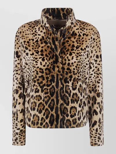 S Max Mara Leopard Velvet High Collar Jacket In Brown