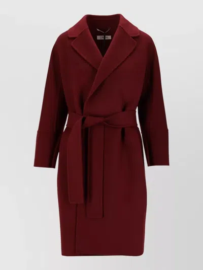 S Max Mara Long Coat Belted Waist Notched Lapels In Burgundy