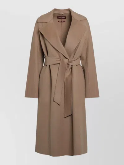 S Max Mara Long Wrap Jacket Belted Waist Lapels Pockets In Brown