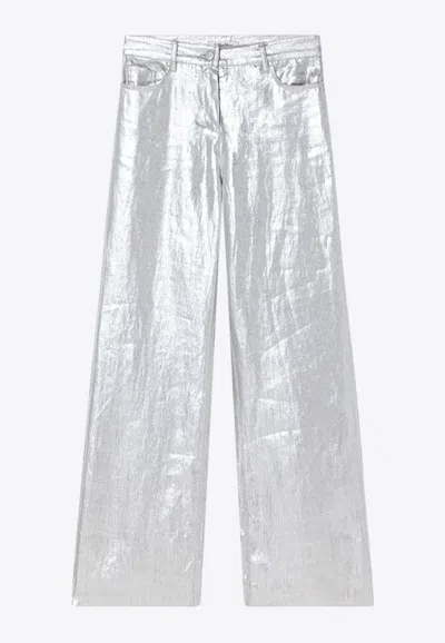 's Max Mara Malika Straight-leg Metallic Linen Pants In Silver