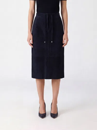 S Max Mara ' A-line Midi Skirt In Suede Leather With Drawstring Waist In Blue