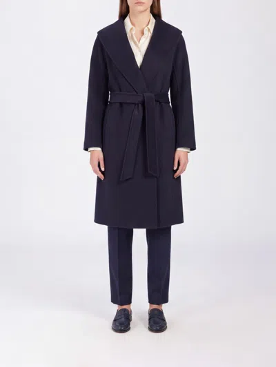 S Max Mara ' Belted Virgin Wool Robe Coat With Shawl Collar In Blue