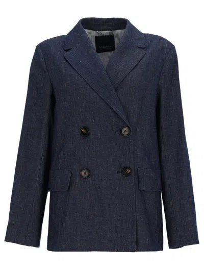 S Max Mara ' Double-breasted Cotton & Linen Blazer In Blue