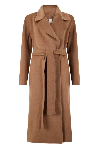S Max Mara ' Double-breasted Wool-blend Long Jacket With Waist Belt In Brown
