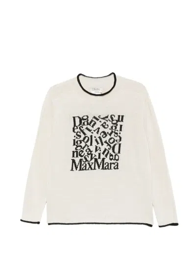 's Max Mara Embroidered Front Linen Sweater With Contrasting Trim In Bianco