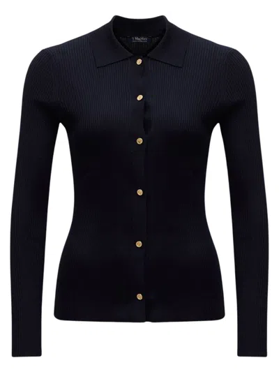 S Max Mara ' Limone Wool V-neck Cardigan With Side Pockets In Navy