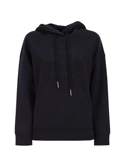 S Max Mara ' Long Sleeve Embroidered Sweatshirt With Kangaroo Pocket And Rib-knit Trim In Blu