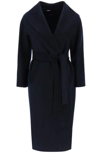 S Max Mara Long Coat Belted Waist Notched Lapels Pockets In Blue