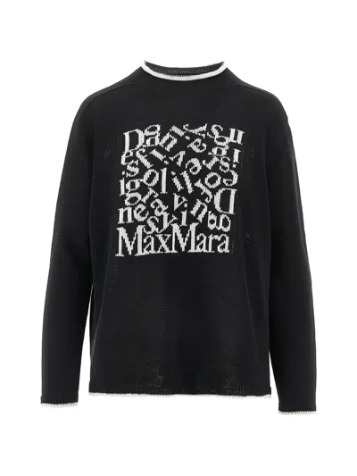 S Max Mara '  100% Linen Sweater With Embroidered Front & Contrasting Trim In Nero