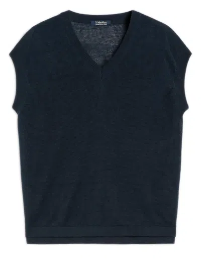 S Max Mara '  Boxy Fit V-neck Linen Sweater With Rib-knit Trim And High-low Hem In Blu