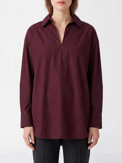 S Max Mara ' Striped Cotton V-neck Relaxed Fit Blouse In Burgundy