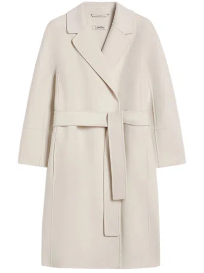 S Max Mara ' Virgin Wool Belted Coat With Small Lapel Collar And Kimono & Raglan Sleeves In Bianco