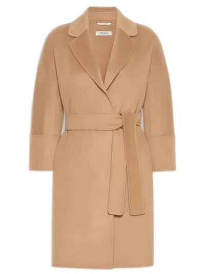 S Max Mara ' Wide-fit Virgin Wool Wrap Coat With Small Lapel Collar & Kimono Sleeves In Marrone