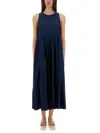 S Max Mara Pleated Dress Long Round Neckline In Blue