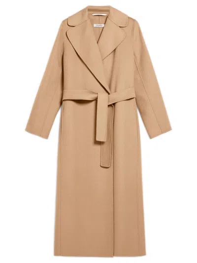 S Max Mara Long Jacket Belted Waist Lapel Collar Pockets In Nude