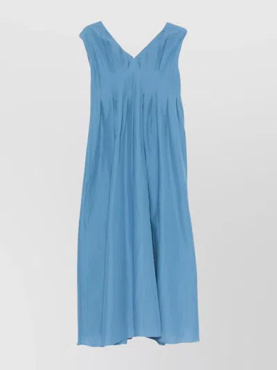 S Max Mara Ramie Cotton Sleeveless V-neck Maxi Dress In Blue