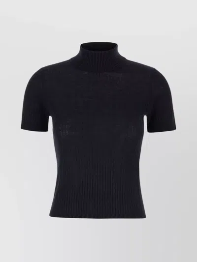 S Max Mara Ribbed Mock Neck Short Sleeve Top In Black