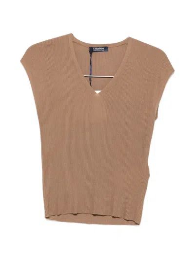 S Max Mara Ribbed V-neck Top In Brown