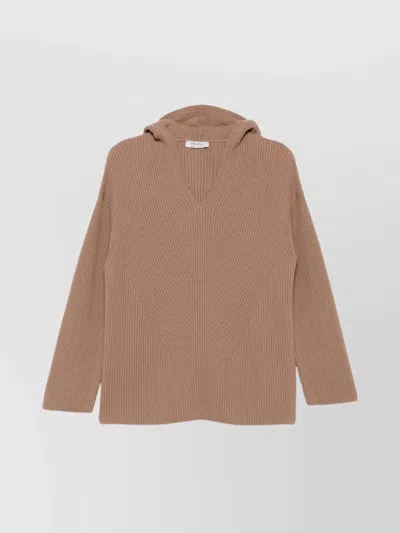 S Max Mara Ribbed Wool V-neck Long-sleeve Knitted Top In Brown