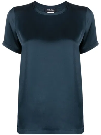 S Max Mara Satin-finish Crew-neck T-shirt In Blue