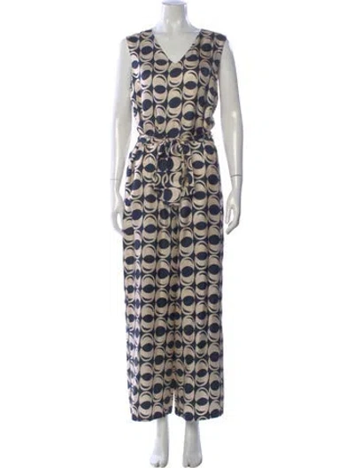 Pre-owned S Max Mara Silk Printed Jumpsuit W/ Tags In Blue/neutrals