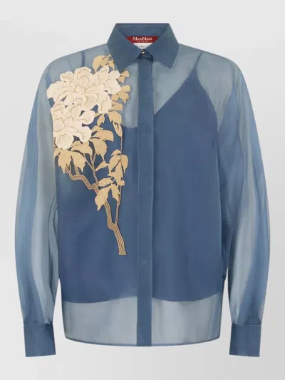 S Max Mara Silk Shirt Relaxed Fit Floral Embroidery In Blue