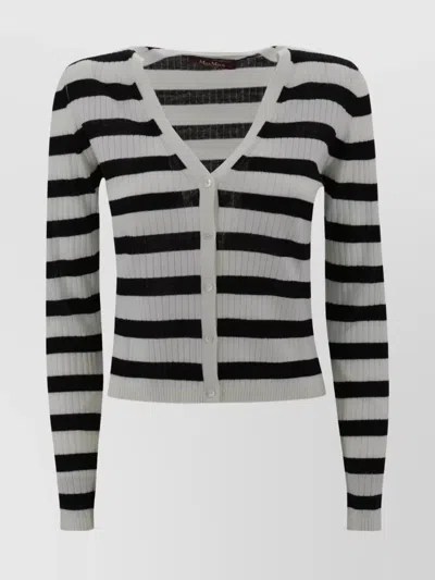 S Max Mara Striped V-neck Ribbed Long Sleeve Cardigan In Multi