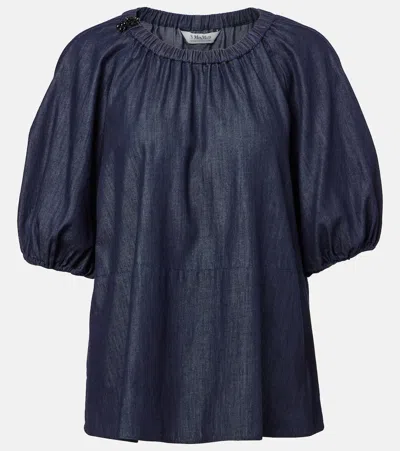 S Max Mara Talia Embellished Cotton Chambray Top In Blue