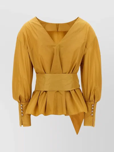 's Max Mara V-neck Puff Sleeves Peplum Blouse In Gold