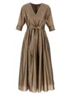 S Max Mara Waist Belt Midi Pleated V-neck Dress In Brown
