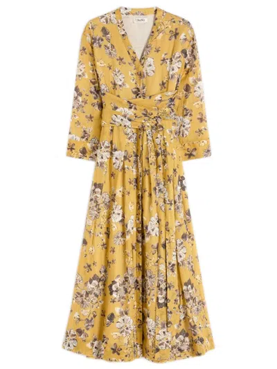 S Max Mara V-neck Floral Print Dress With Belt And Pockets - Ss26 In Yellow
