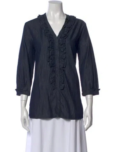 Pre-owned 's Max Mara V-neck Three-quarter Sleeve Blouse In Blue
