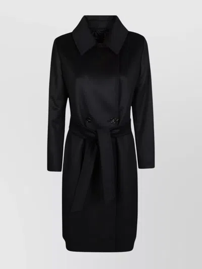 S Max Mara Waist Belt Coat With Notched Lapel Collar In Black