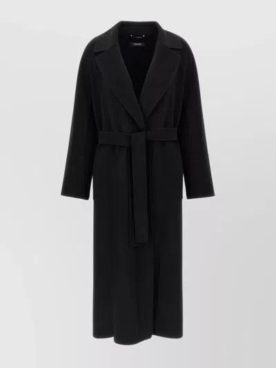 S Max Mara Waist Belt Long Lapel Pocket Coat In Black