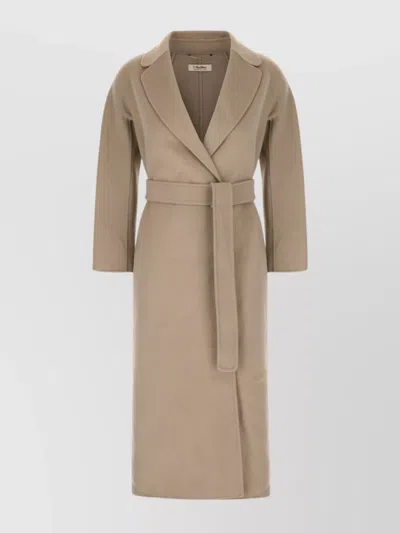 S Max Mara Waist Belted Lapel Collar Long Coat In Brown