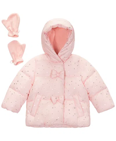 S Rothschild & Co Baby Girls 2-piece Star Foil Print Puffer Jacket And Mittens Set In Pink