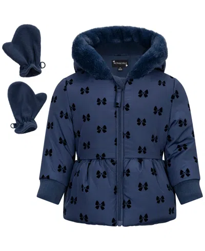 S Rothschild & Co Kids' Baby Girls' Flocked Hooded Peplum Puffer Jacket And Mittens, 2-piece Set In Navy