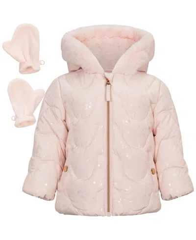 S Rothschild & Co Kids' Baby Girls' Foil-print Quilted Puffer Jacket And Mittens, 2-piece Set In Pink
