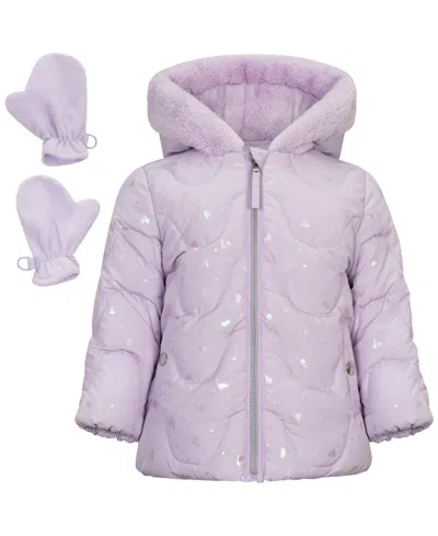 S Rothschild & Co Kids' Baby Girls' Foil-print Quilted Puffer Jacket And Mittens, 2-piece Set In Purple