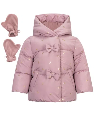 S Rothschild & Co Kids' Baby Girls' Hooded Foil-print Fleece-lined Puffer Jacket And Mittens, 2-piece Set In Mauve