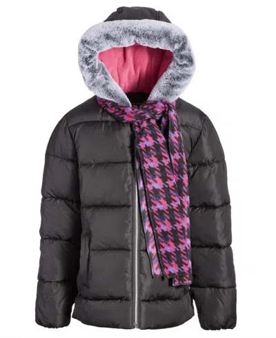 S Rothschild & Co Kids' Big Girls Quilted Full-zip Hooded Puffer Jacket With Faux-fur Trim & Houndstooth Scarf In Black